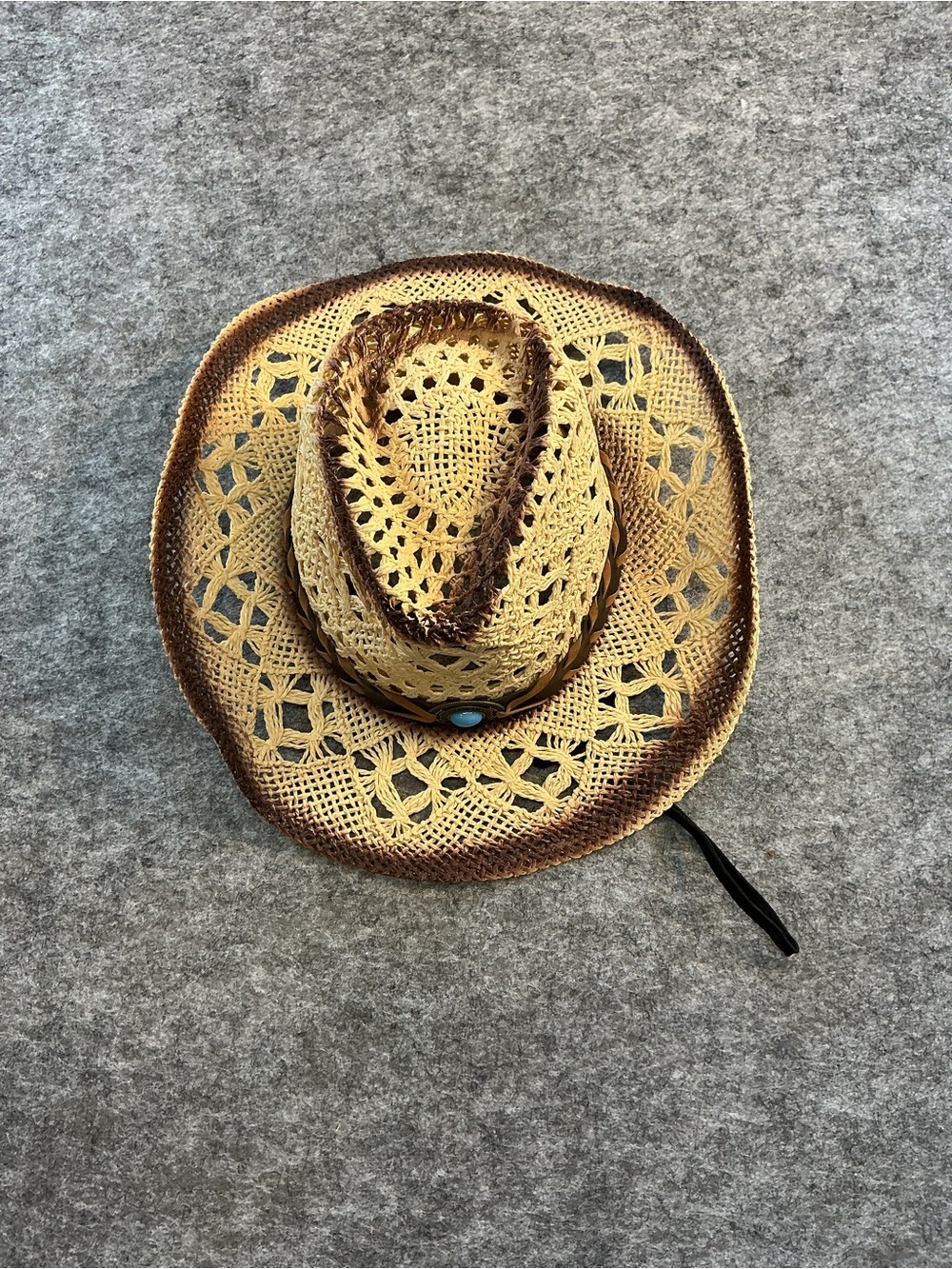 Straw Western Rodeo Cowboy Hat with Brown Leather Trim and Turquoise